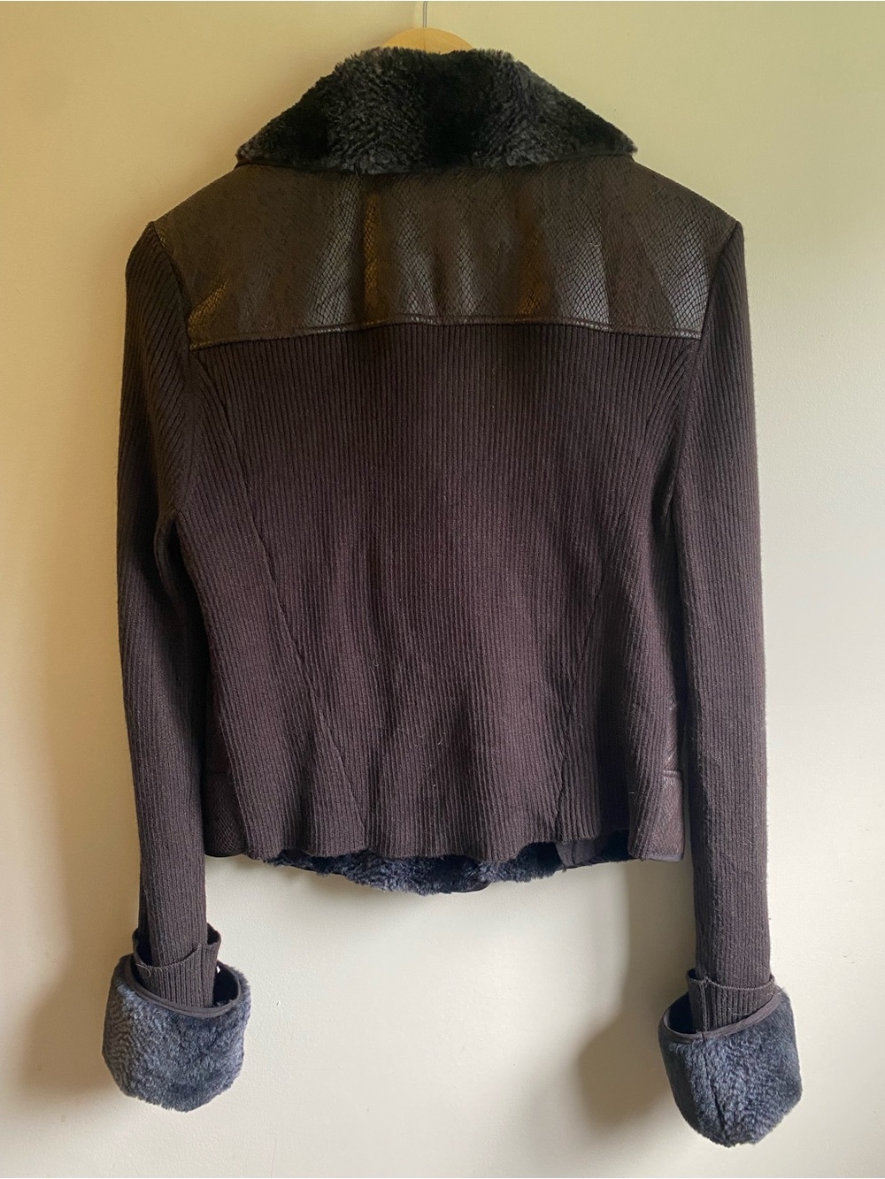 Cache Brown Snakeskin Print Knit Jacket Faux Fur Trim - Picture 2 of 8